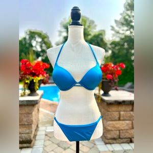 NWOT Victoria’s Secret 34C/M Bombshell Bikini, Rare (Blue w/ Gold Accents)